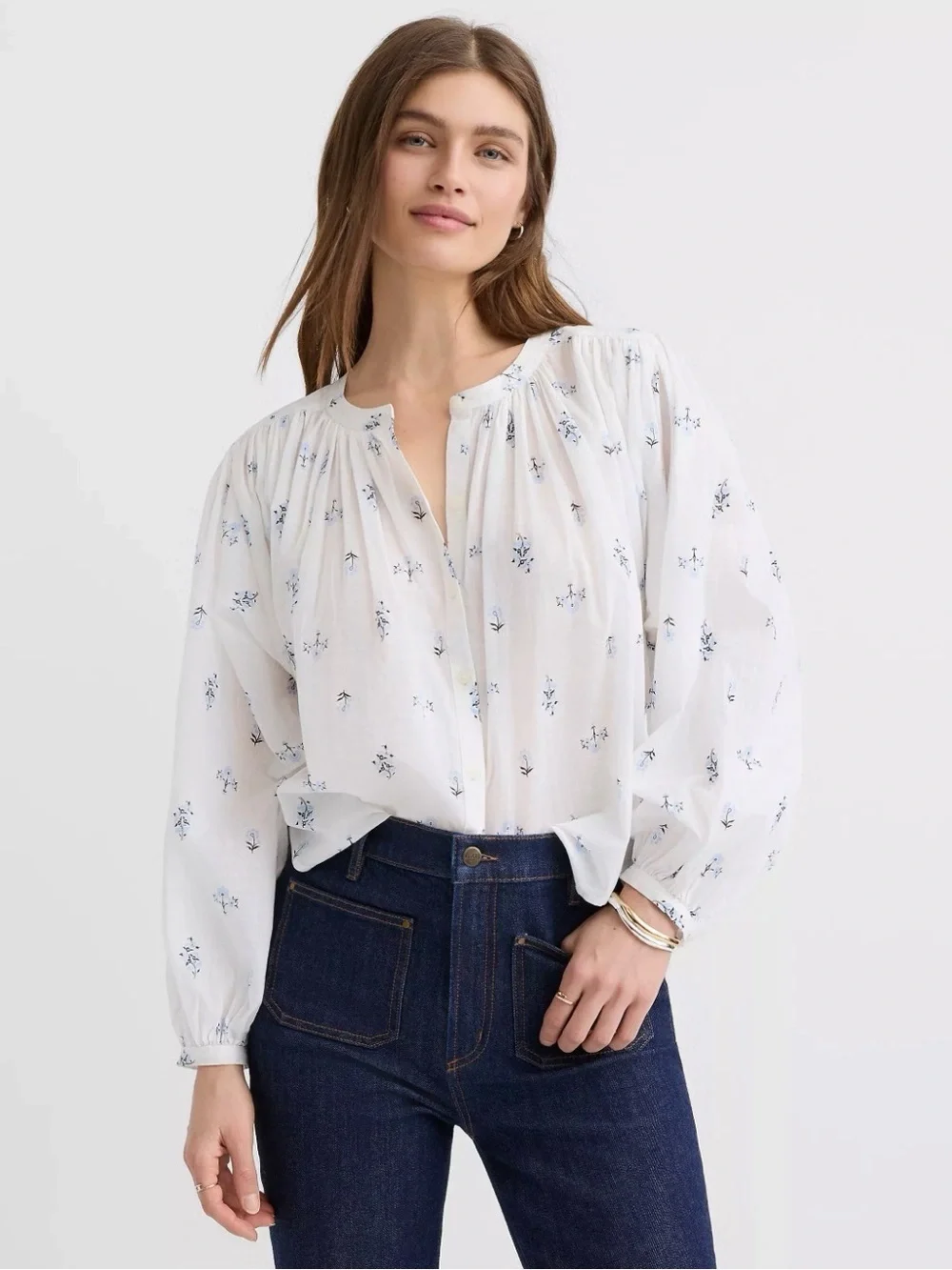White Floral Peasant Blouse - Lightweight Women's Balloon sleeve Top size medium